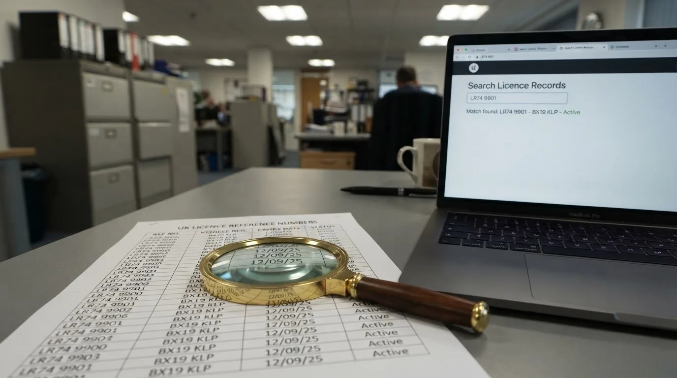 A magnifying glass resting on a printed page of licence numbers next to an open laptop showing a regulator's search tool.